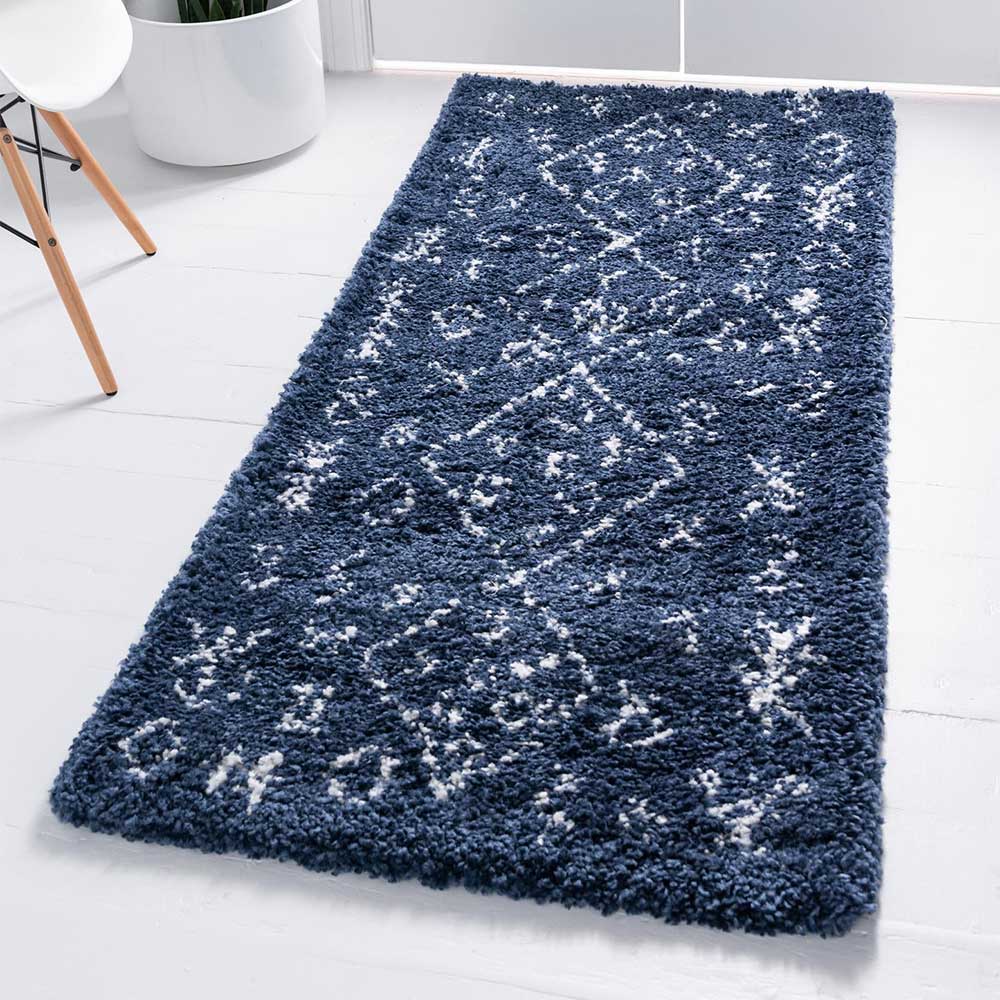 Blauer Teppich Läufer im Ethno Design mit Berber Muster für das Schlafzimmer – Avior