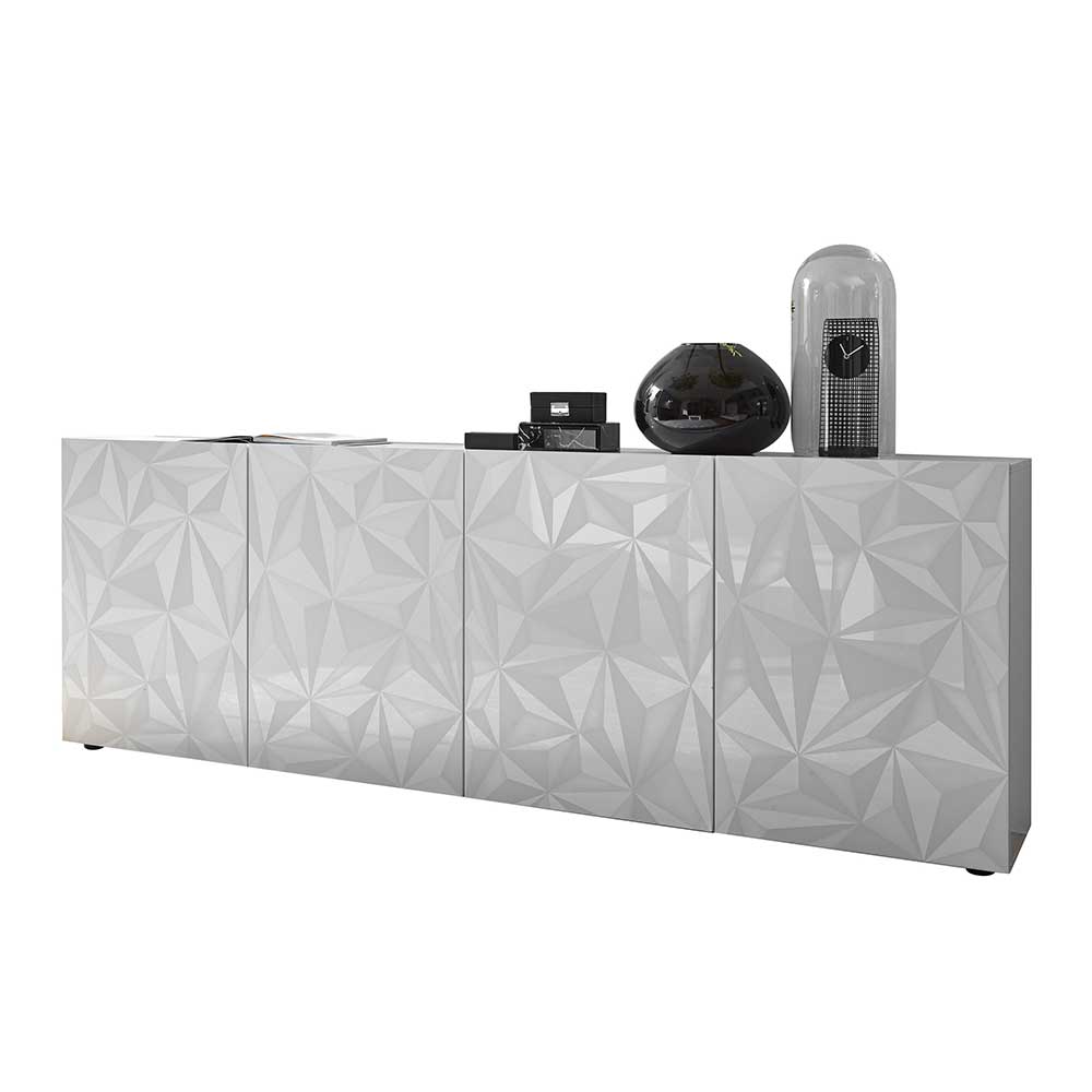 Modernes weißes Sideboard hochglänzend mit geometrischem Design und vier Türen – Vovasoma