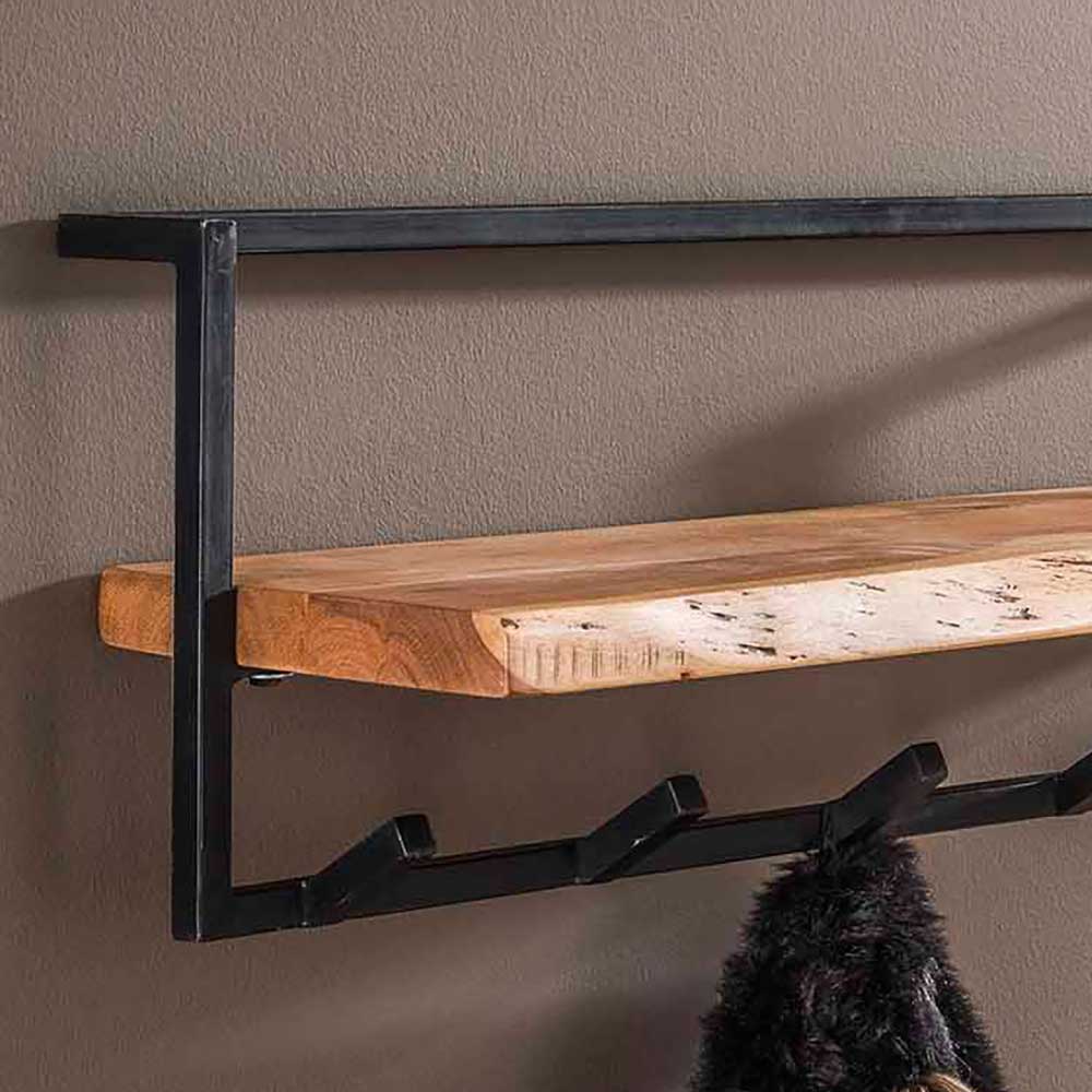 Rustikale Wandgarderobe mit natürlicher Holzablage und schwarzen Metallhaken – Bash