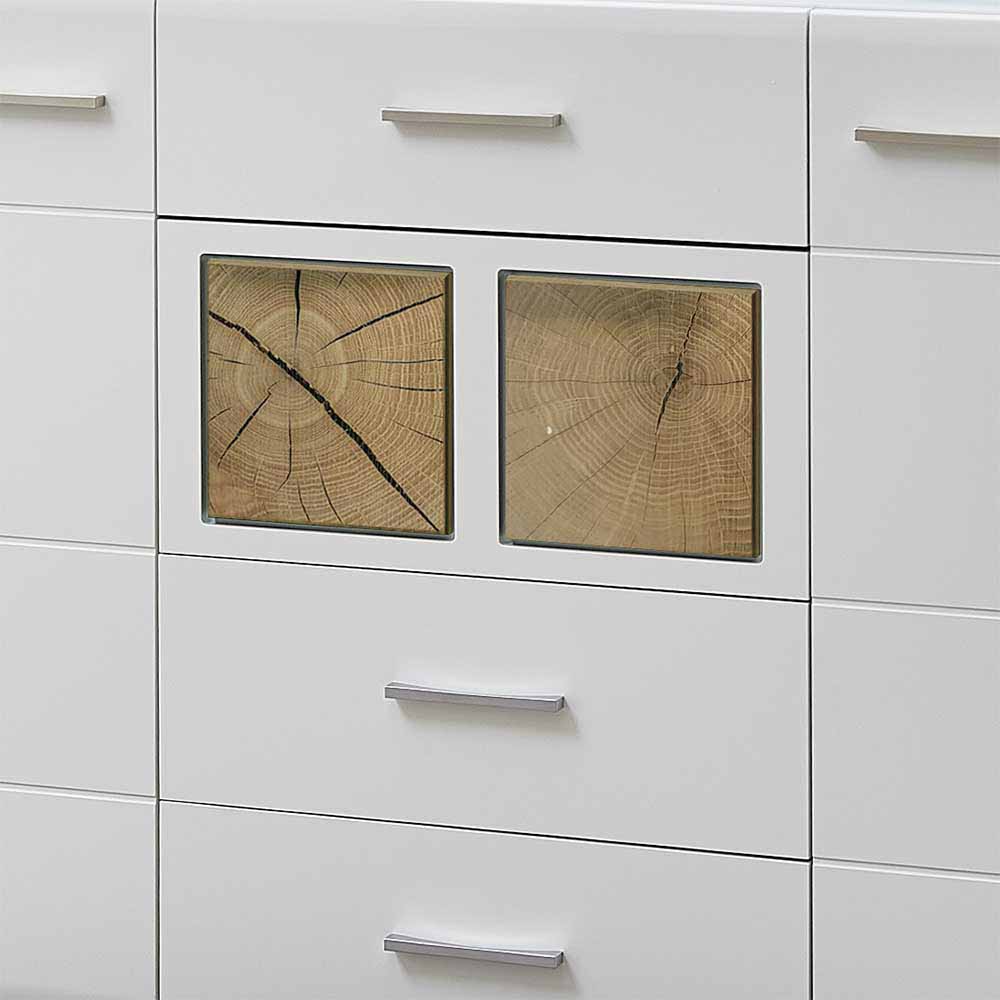Design-Sideboard in Hochglanz Weiß mit einzigartigen Holzmaserung-Fronten in der Mitte – Lisepio