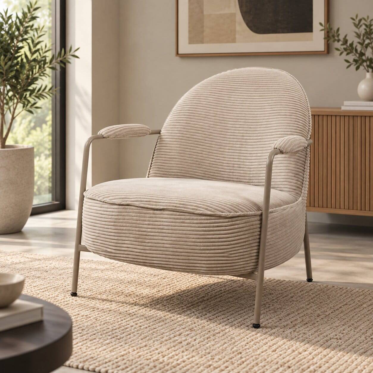 Retro Style Sessel aus Cord in Beige - Palace