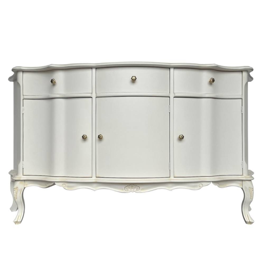 Antikweißes Sideboard mit drei Schubladen und drei Türen, goldene Griffe, für Esszimmer – Pulse