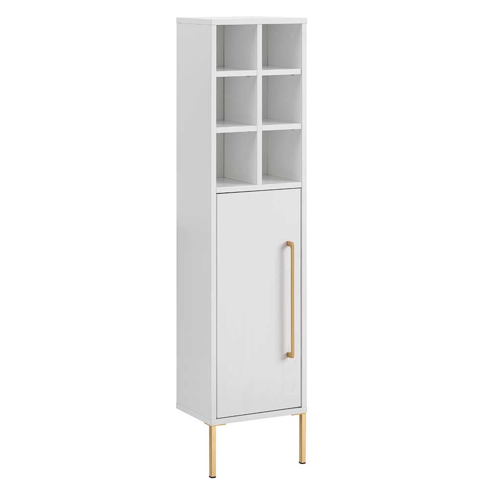 Hoher weißer Badezimmerschrank mit Tür unten und offenen Regalfächern oben, goldene Beine – Nuszaleva