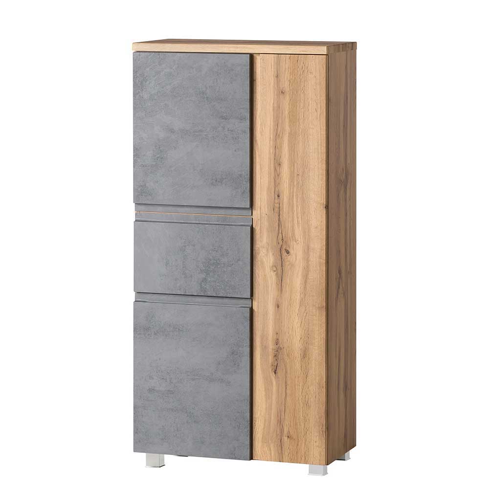 Hoher Badschrank in Holz-Beton-Optik mit grauen Türen und Seitenpanel – Mia