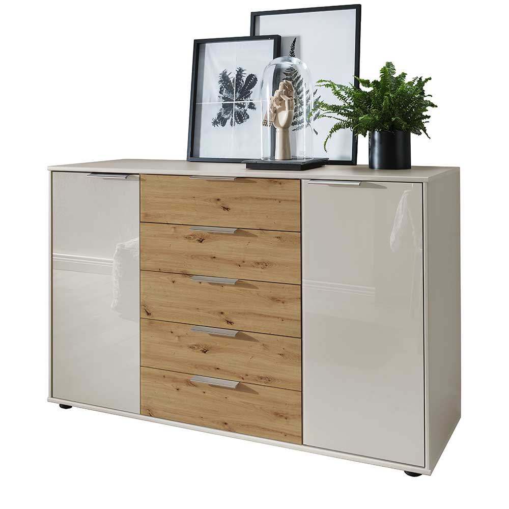 Geräumige Kommode in Beige Hochglanz Glasfront und Holzoptik für Wohnzimmer – Levitanas