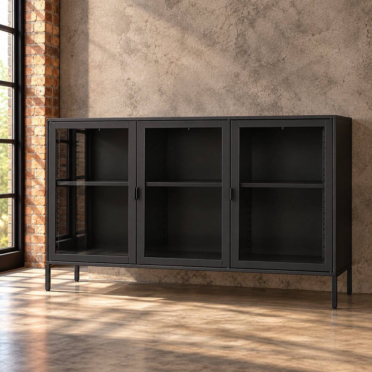 Schwarzes Sideboard mit drei Glastüren - Frumus
