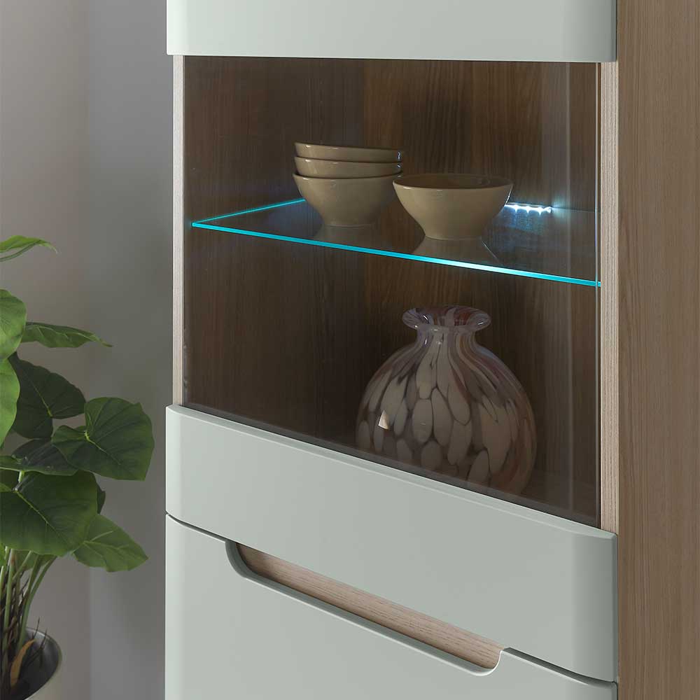 Vitrinenschrank in Mintgrün und Eiche - Armina