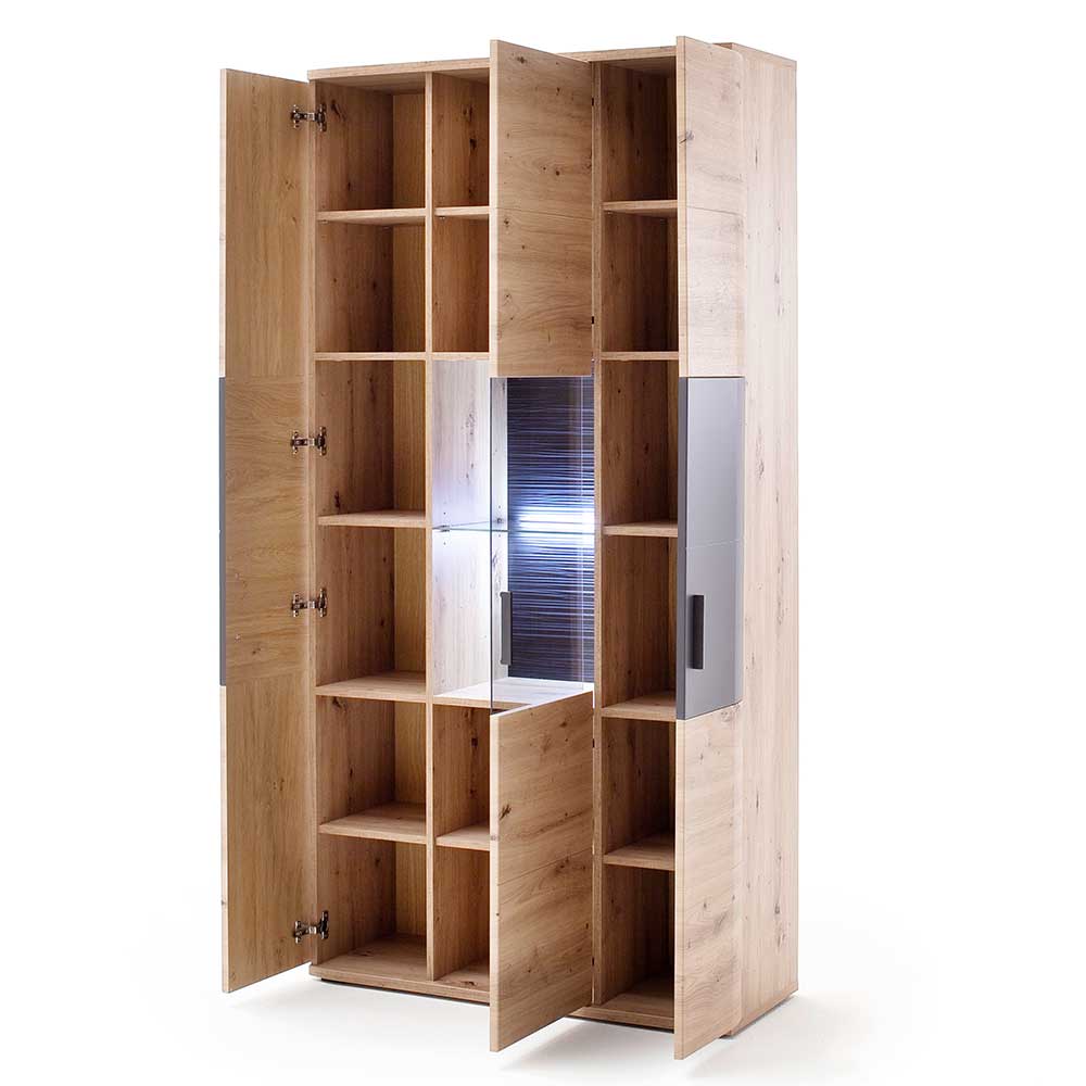 Offene 3-türige Kombi-Vitrine in Holzoptik mit vielen Regalfächern und LED-beleuchtetem Glasbereich – Vecenda