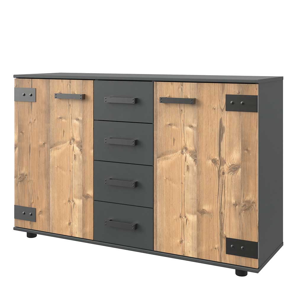 Kleines Sideboard in Tannen Dekor und dunkelgrau mit fünf Schubladen, zwei Türen und Metallbeschlägen – Ardila