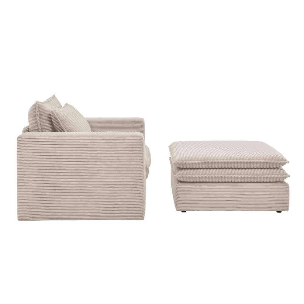Beiger Cord Sessel und Hocker Set Seitenansicht – Jony