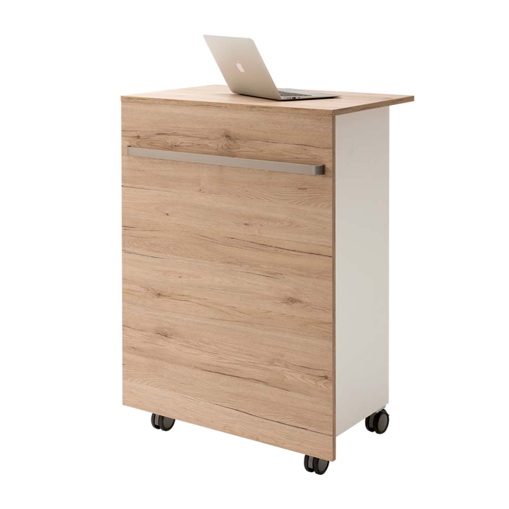 Schmale Theke fürs Büro auf Rollen in moderner Holzoptik und Weiß – Friedel