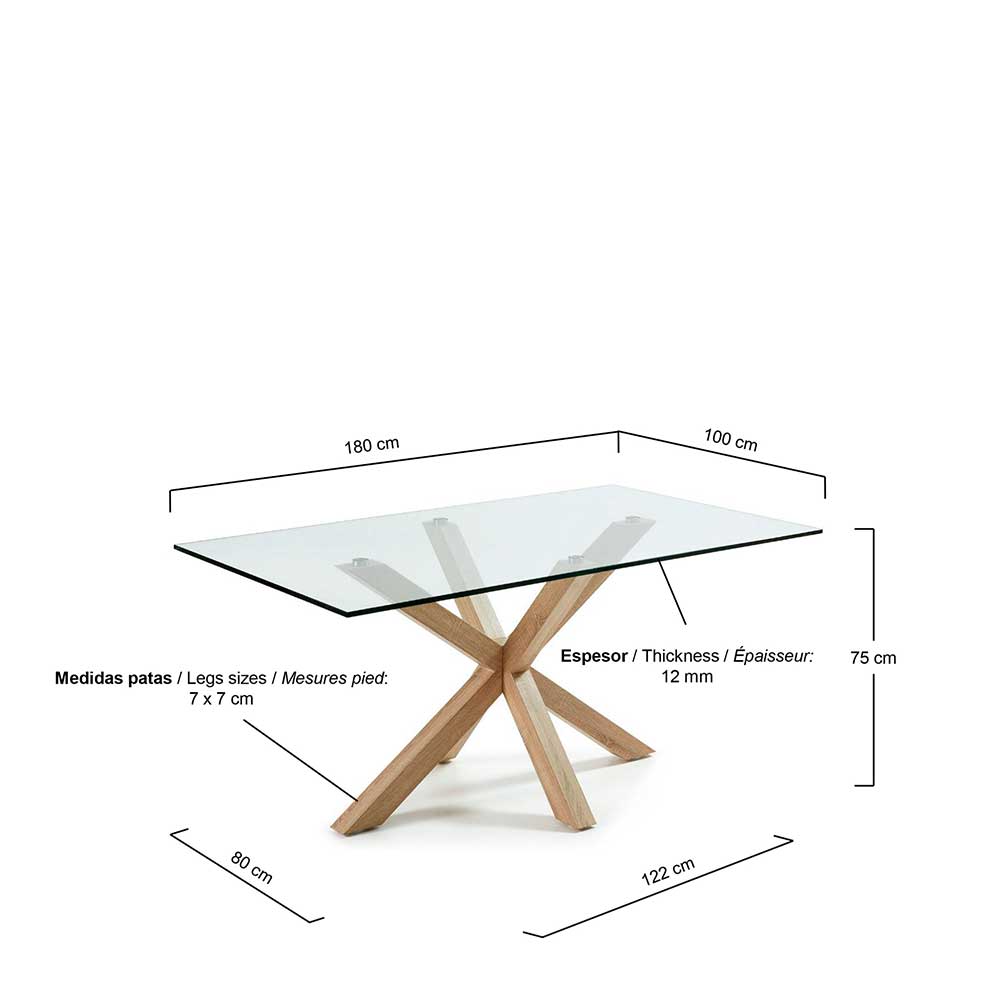 Glas Esszimmertisch mit Stahlgestell Savetrac in Holz Optik