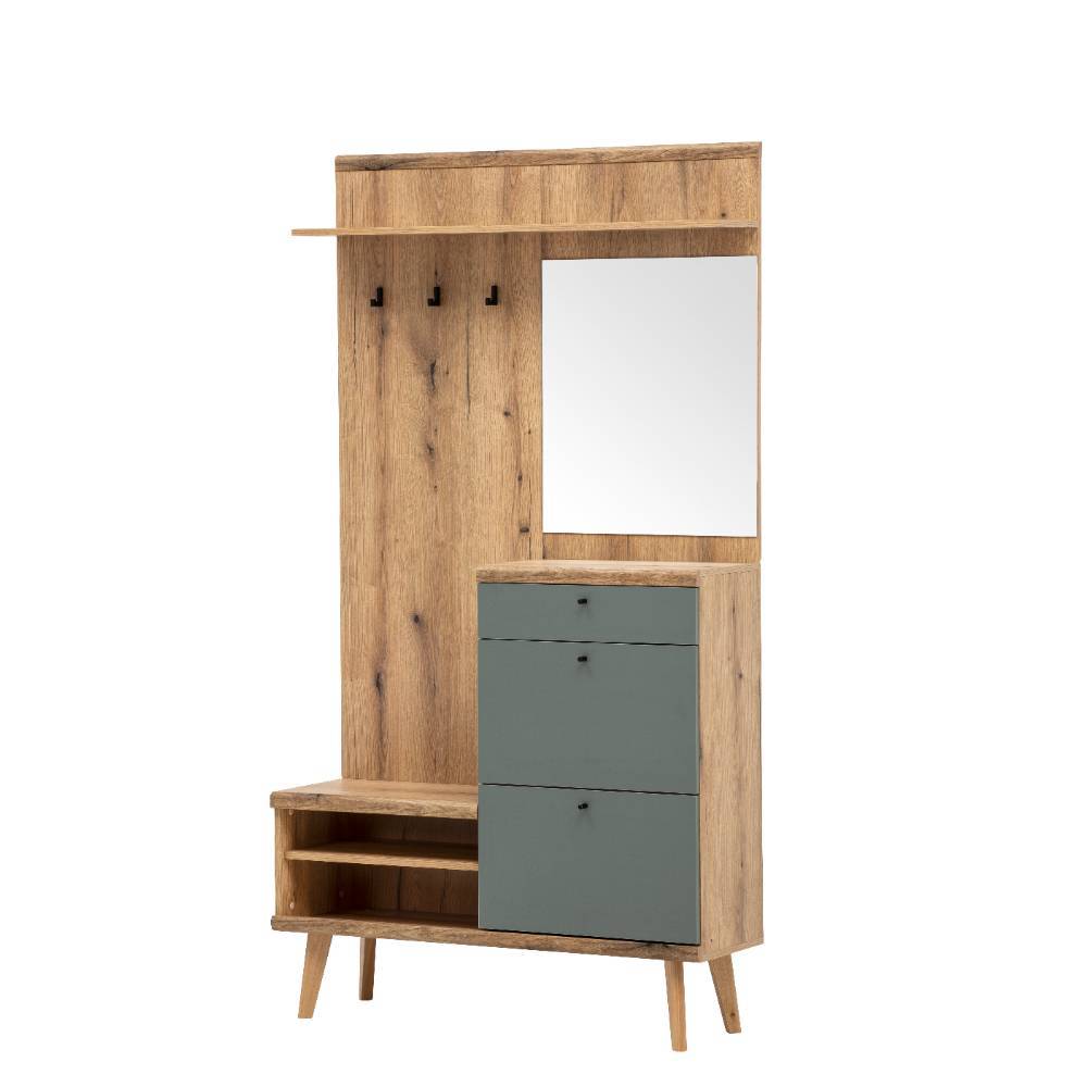 Kompakt-Garderobe in Eiche Optik und Graugrün - Oliva