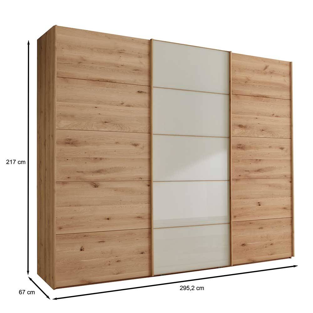 Schwebetürenschrank mit Maßen 217 cm Höhe, 67 cm Tiefe und 295,2 cm Breite – Nikoba