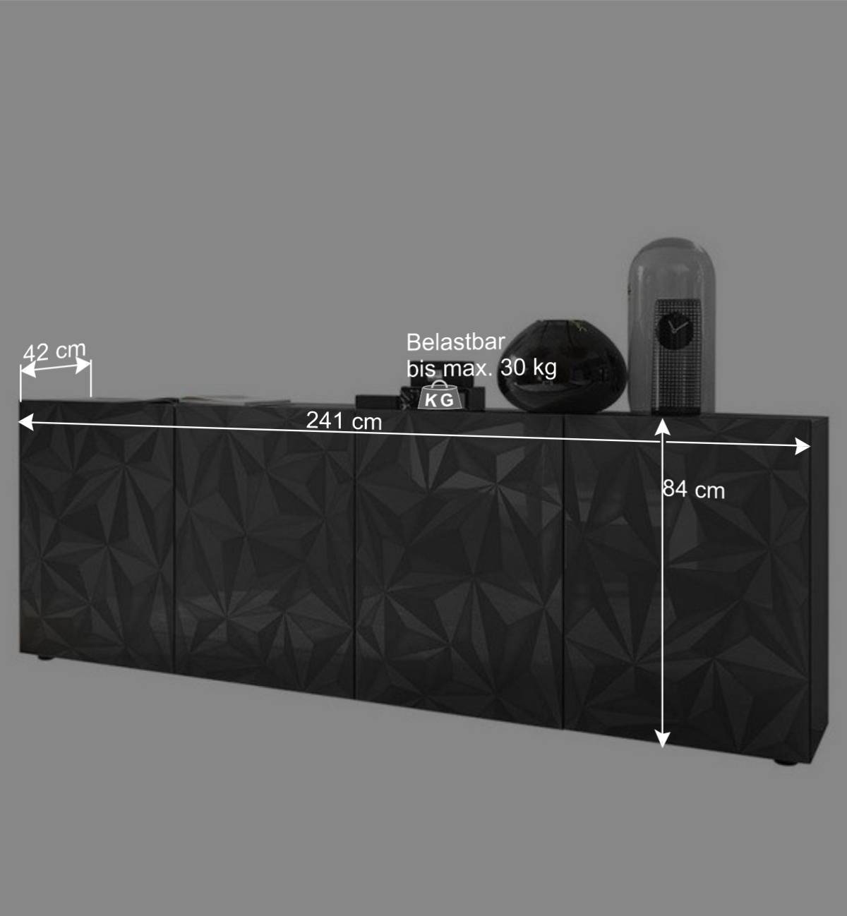 Graues Hochglanz-Sideboard 4-türiig - Kuriasna