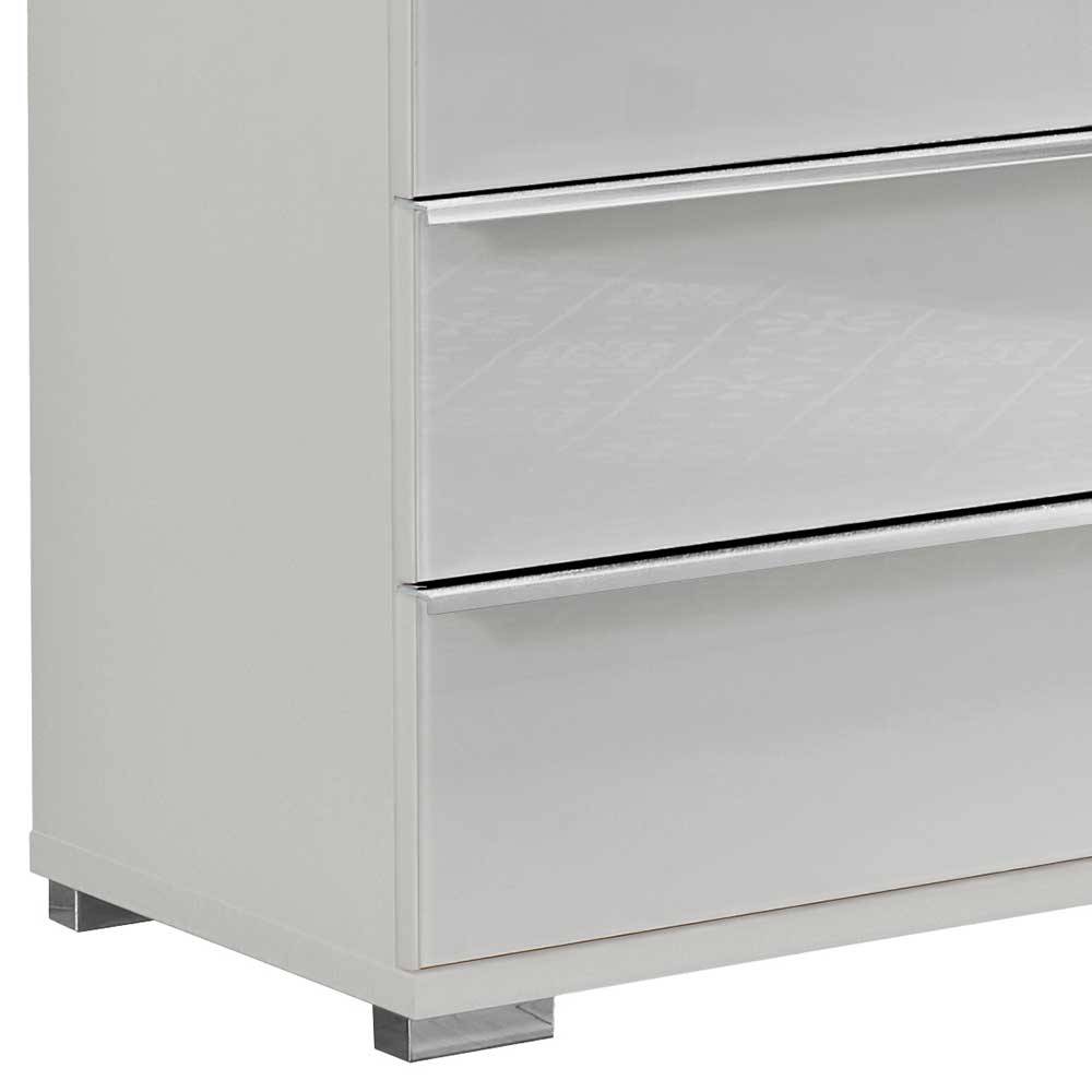Weiße Hochglanz Kommode mit chromfarbenen Griffen und eleganten Füßen – Rocca
