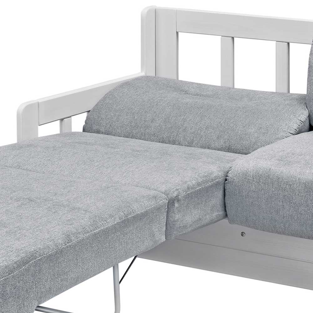 Ausziehbare Chaiselongue-Sektion des grauen Bettsofas mit weißem Holzgestell – Alberus