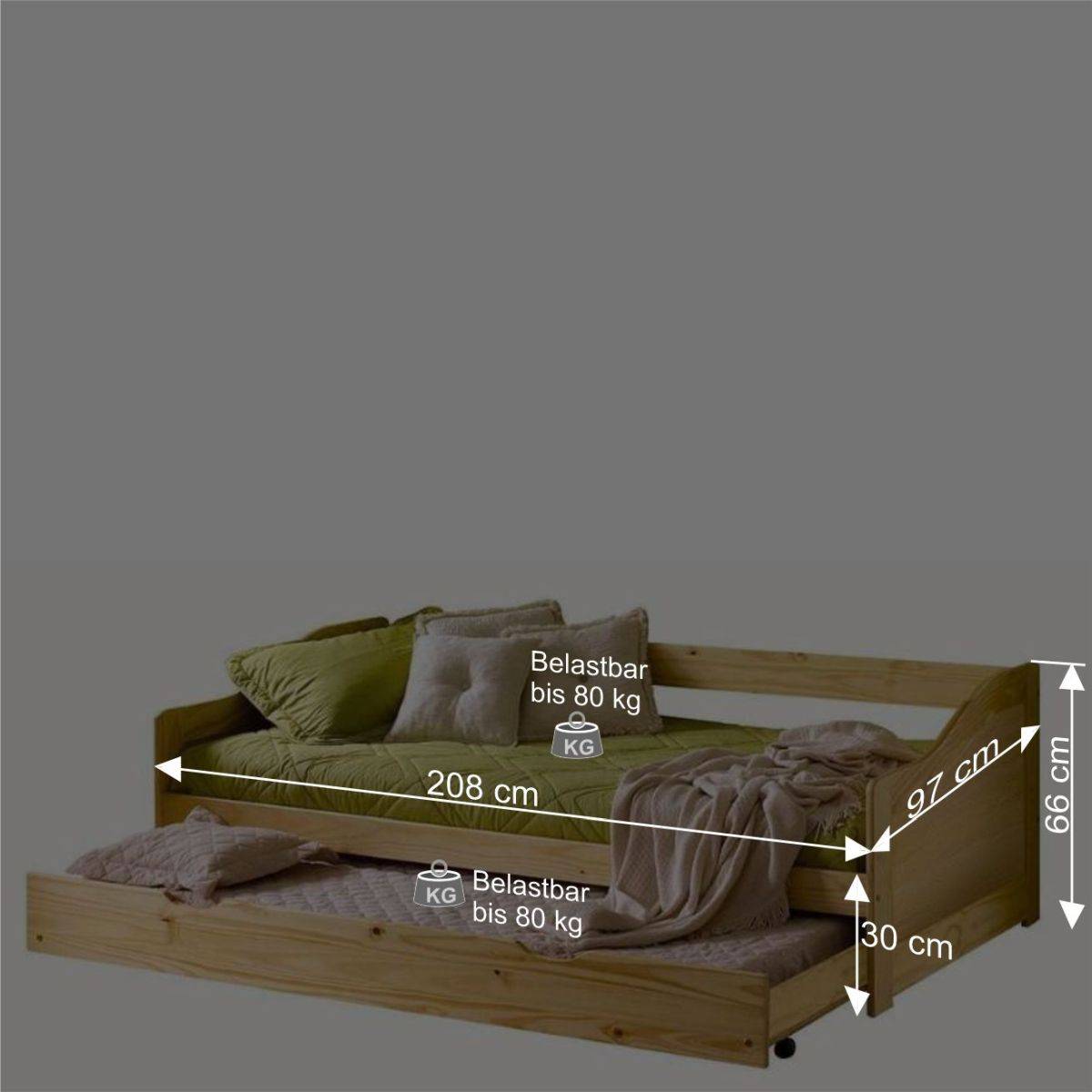 90x200 Massivholzbett mit Ausziehbett - Kascanu