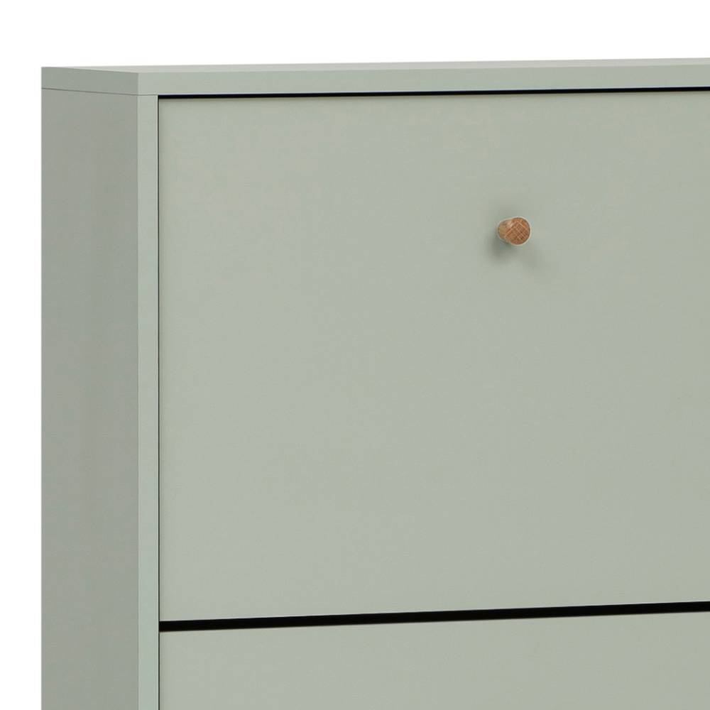 Oberer Bereich der graugrünen Schuhbank mit Eichenholzknauf und matter Oberfläche – Vereny