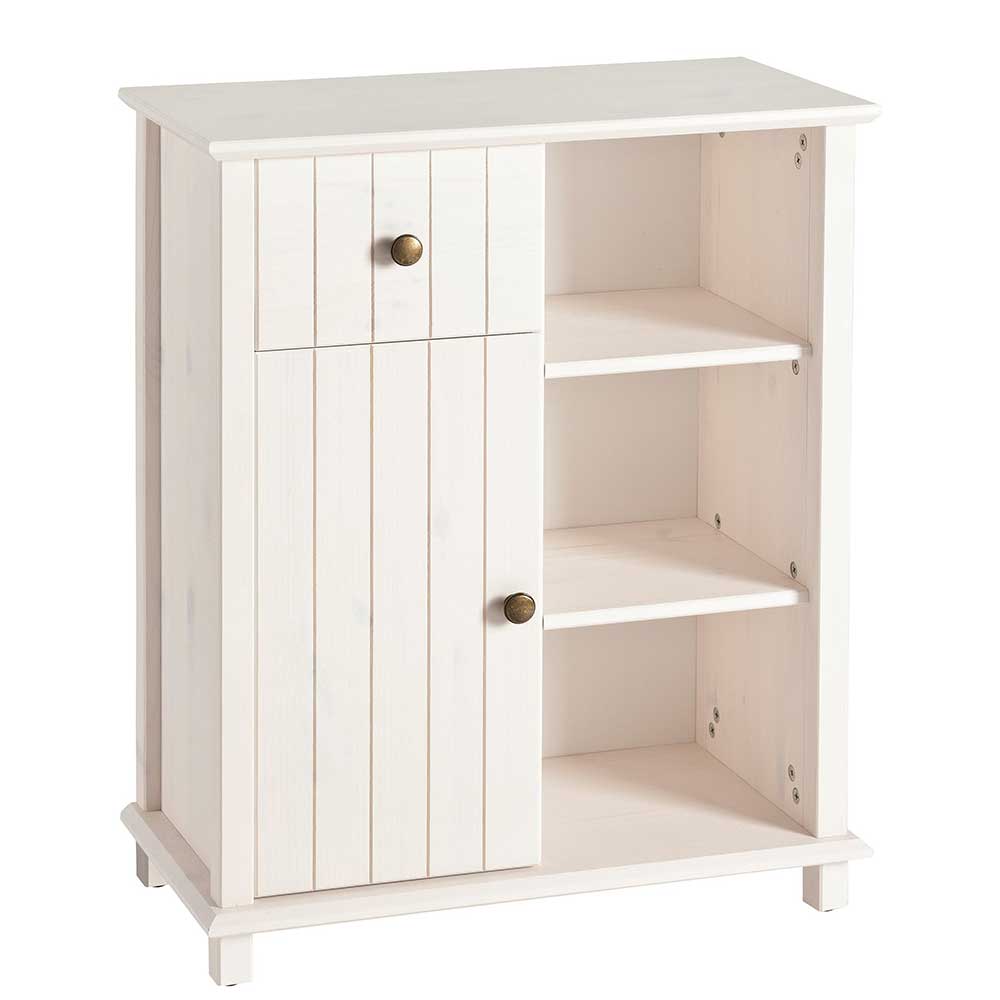 Weiße Holzkommode mit offener Ablage, Tür und Schublade, Landhausstil – Cilao