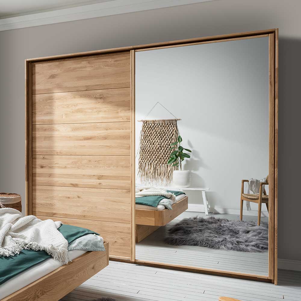 Wildeiche Schwebetürenschrank mit Holz- und Spiegeltür im Schlafzimmer Set – Zennian