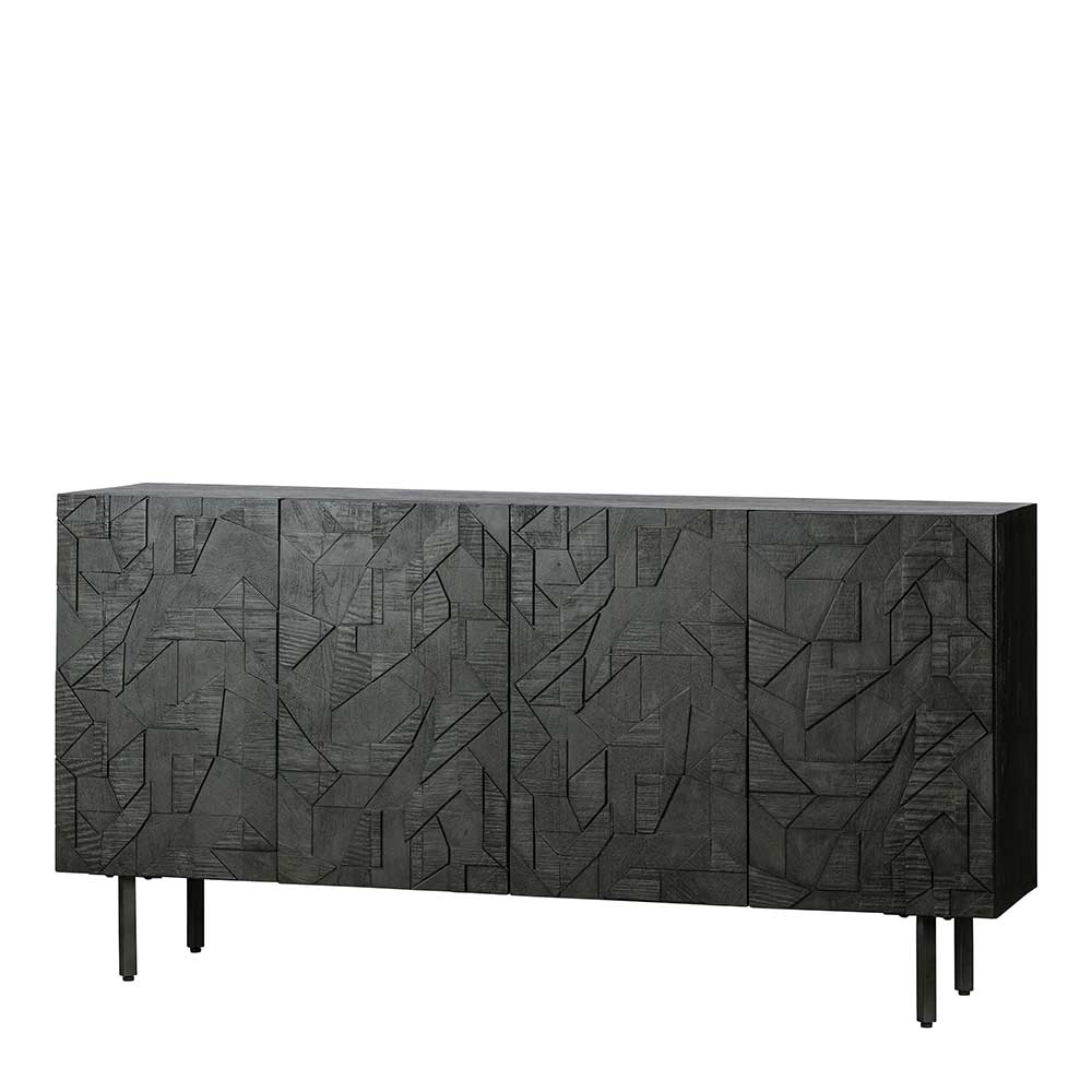 Schwarzes Sideboard mit vier Türen und strukturierter Holzfront, frontal – Eiken