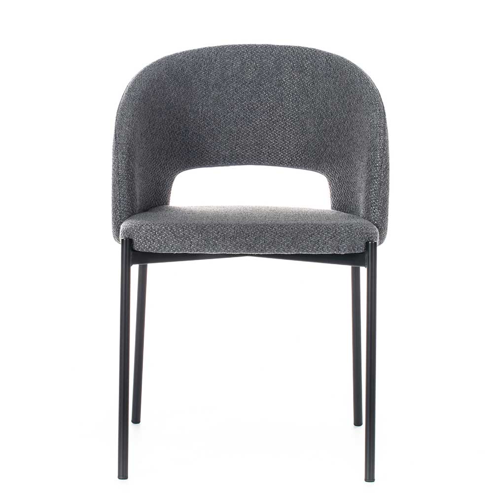 Grauer Strukturstoff Stuhl frontal mit schwarzem Metallgestell, 2er Set – Makimona