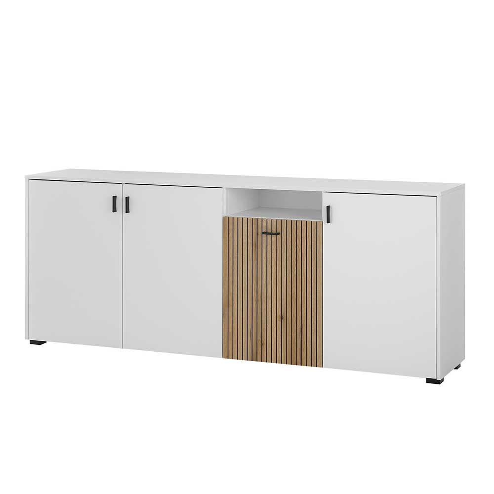 Weißes Sideboard mit vier Schranktüren und einer Akzenttür aus Holz – Nenaloro