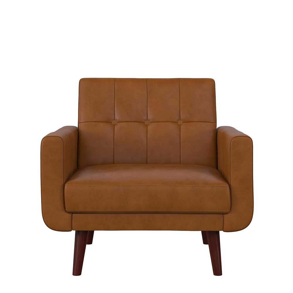 Brauner Sessel im Retro Design mit Knopfheftung und Holzfüßen für das Wohnzimmer – Barack