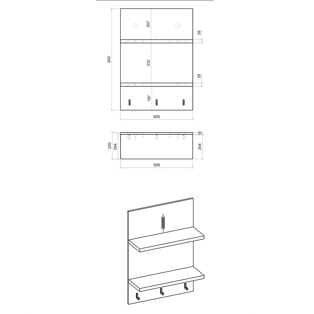 Country Style Wandboard mit 2 Böden & 3 Haken - Garisa