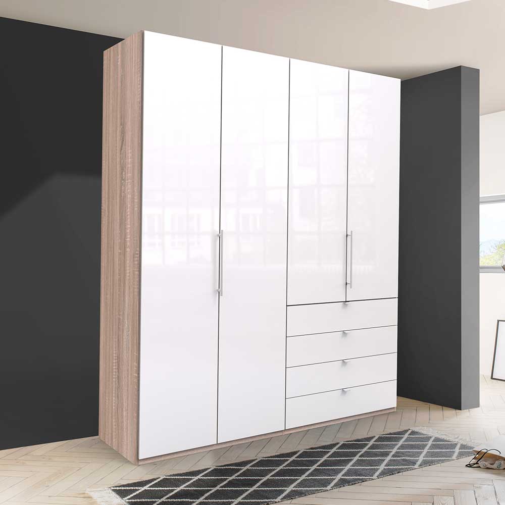 Weißer Hochglanz Kombi-Kleiderschrank mit vier Türen, vier Schubladen und Holzoptik-Seiten – Bosays