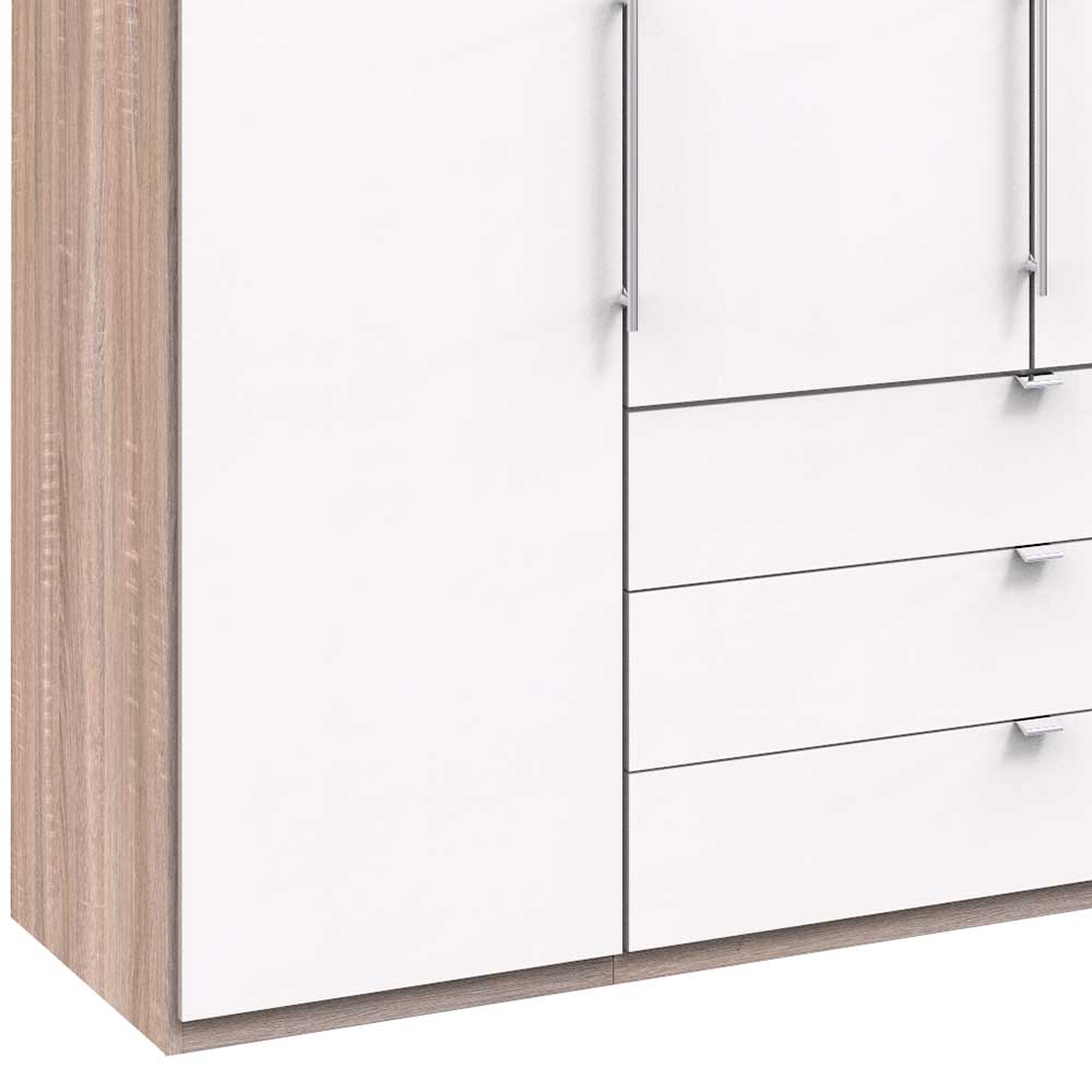 Weißer Kleiderschrank mit sechs Schubladen und hellem Holzrahmen Seitenansicht – Vaclyn
