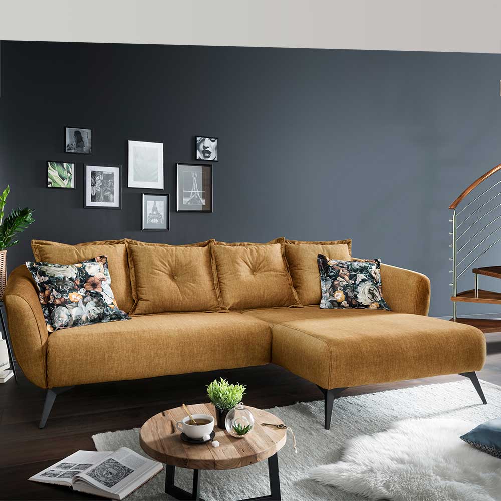 Microvelours Ecksofa in Ocker & Schwarz - Adendras