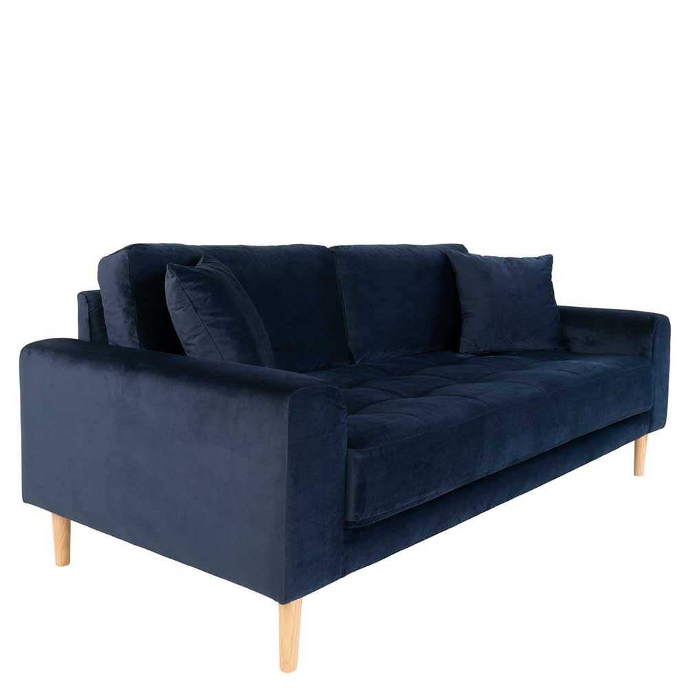 Dunkelblaue Samtcouch mit 2,5 Sitzplätzen und Holzfüßen für das Wohnzimmer – Jelleva