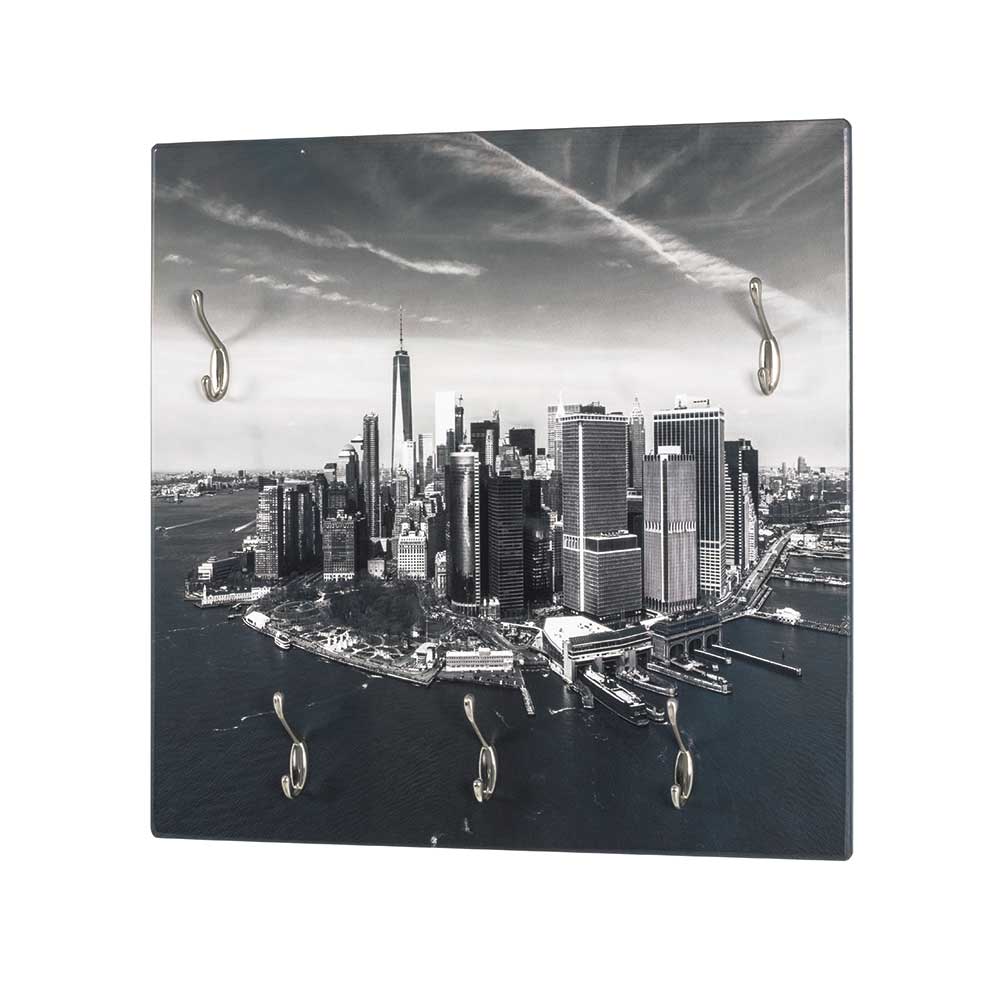 Wandgarderobe 60x60 cm mit fünf Haken und New York City Panorama als Fotodruck – Bahma