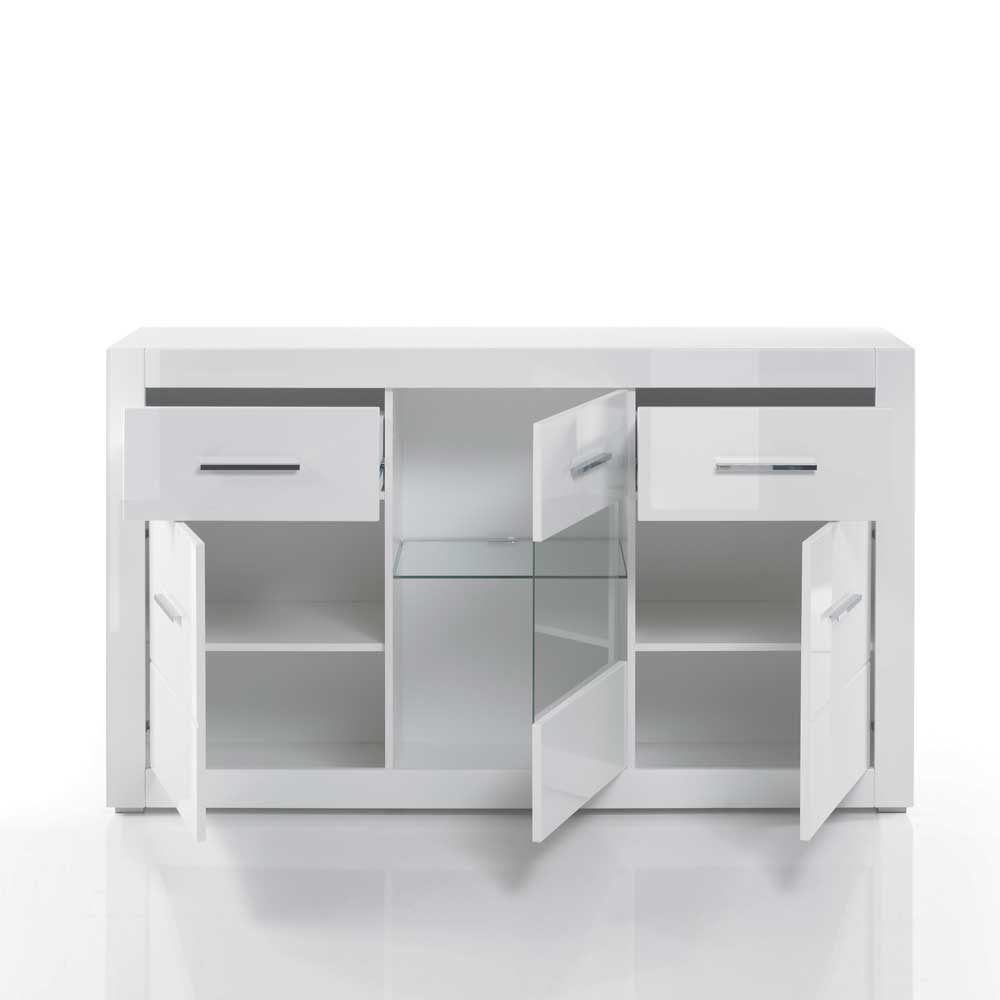 3-türiges Sideboard in Hochglanz Weiß & Glas Yulis mit 2 Schubladen