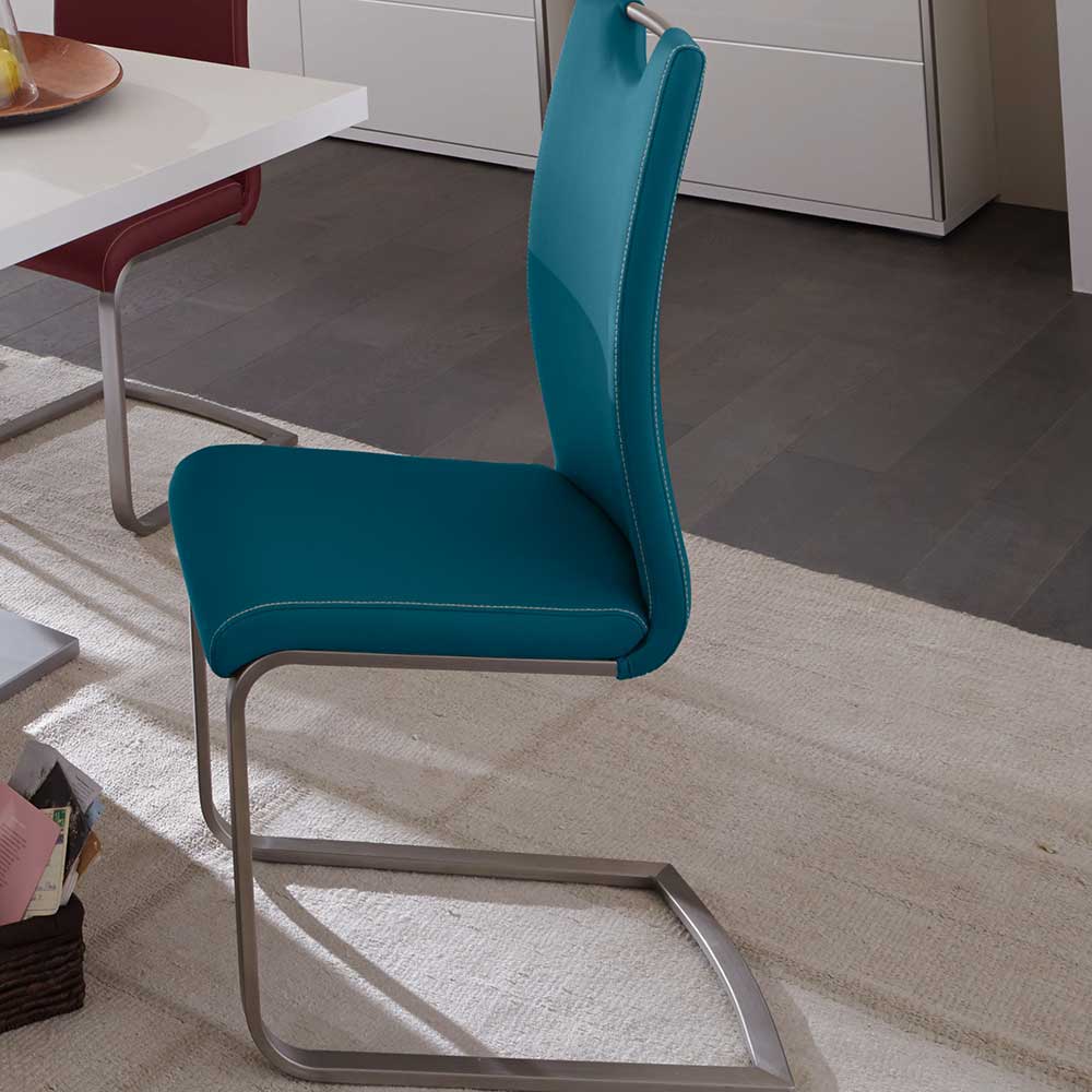 Moderner Esszimmer Freischwinger in Petrol Blau Kunstleder für das Esszimmer mit Metallgestell – Laida