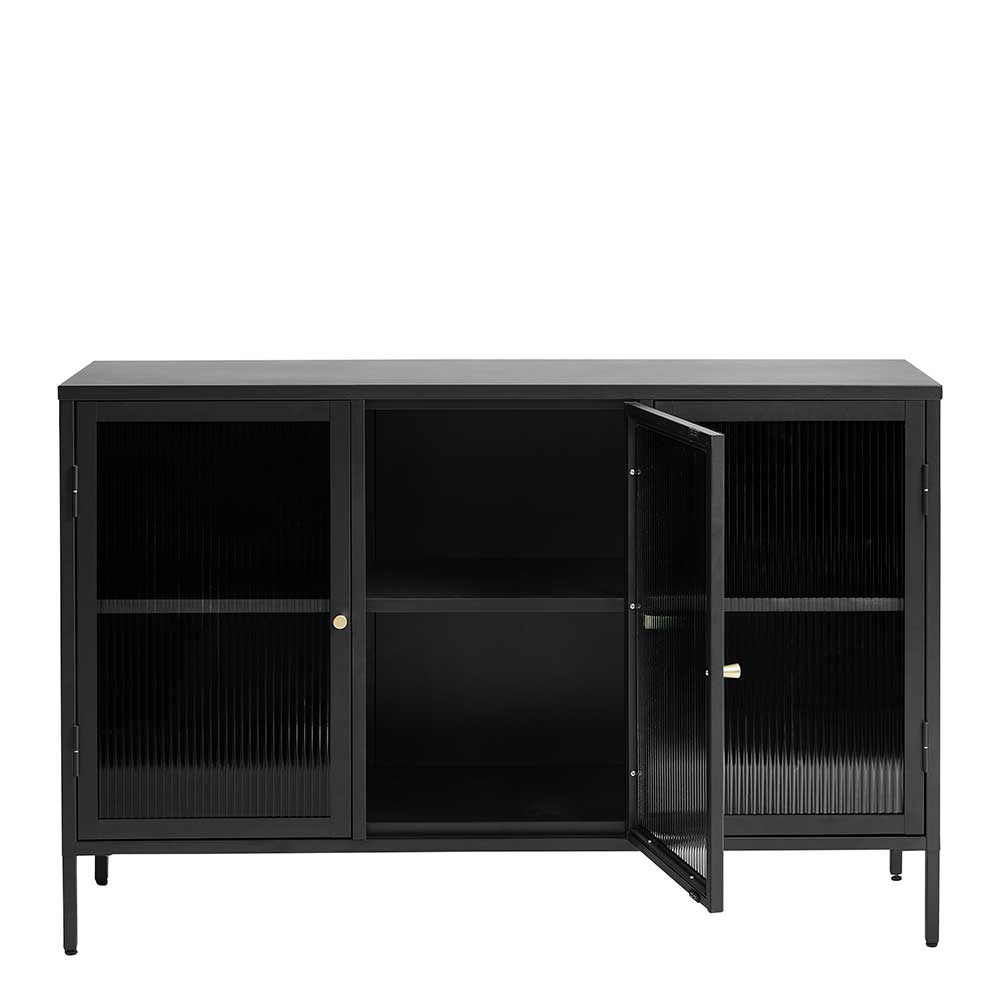 Modernes Sideboard schwarz mit drei Rillenglas-Türen, rechte Tür geöffnet und Fächern – Gulliver