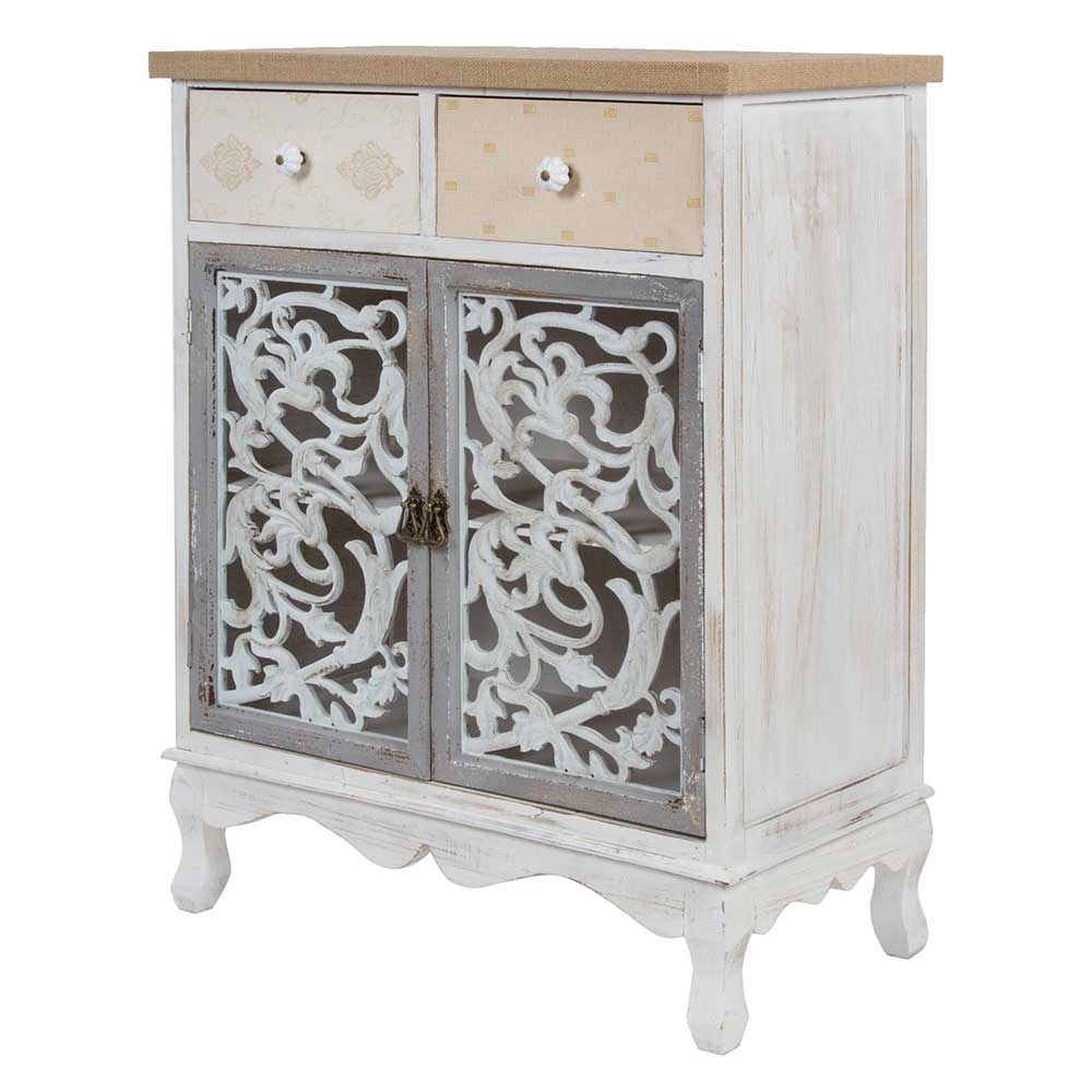 Weiße Kombi-Kommode im Shabby Chic Stil mit gemusterten Schubfächern und geschnitzten Türen – Levino
