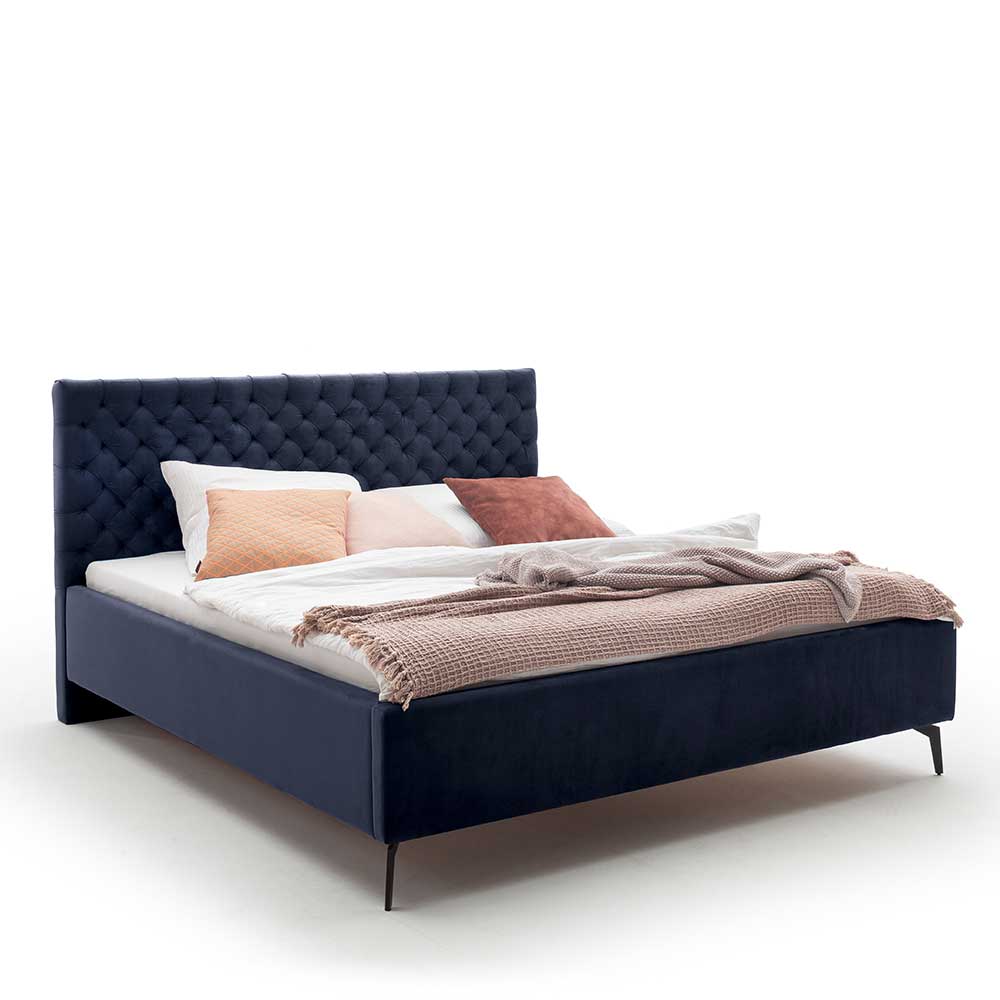 Blaues Stauraumbett mit Chesterfield Kopfteil - Lani