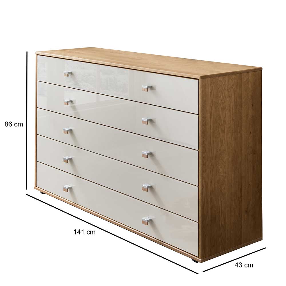 141 cm breite Kommode mit Glasfront in Beige, Maße und Abmessungen des Möbels – Emdsiva