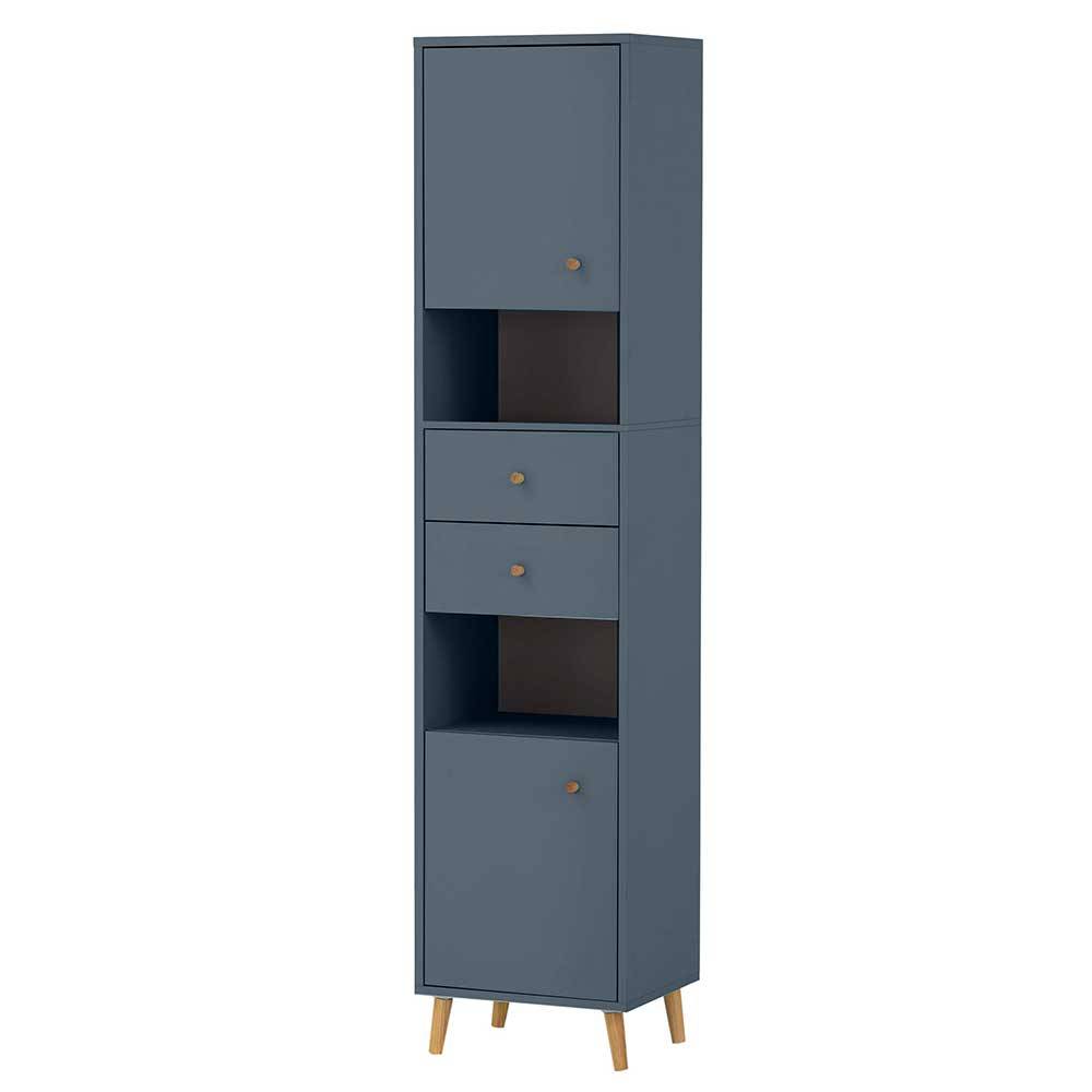 Badezimmer Hochschrank in Petrol Blau & Eiche - Matrera