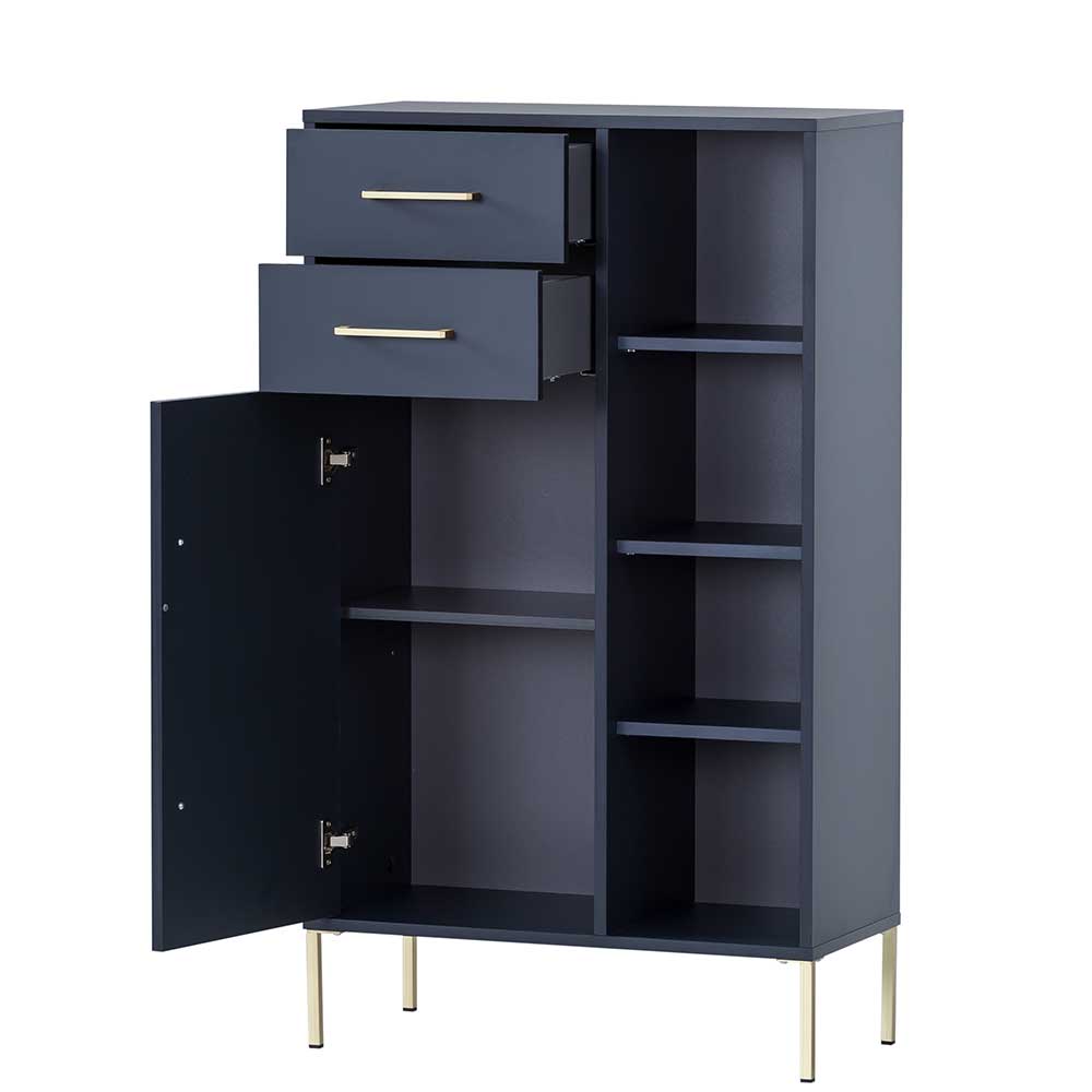 Dunkelblaues Badezimmer Highboard mit zwei offenen Schubladen, offener Tür und goldfarbenen Beinen – Chinale