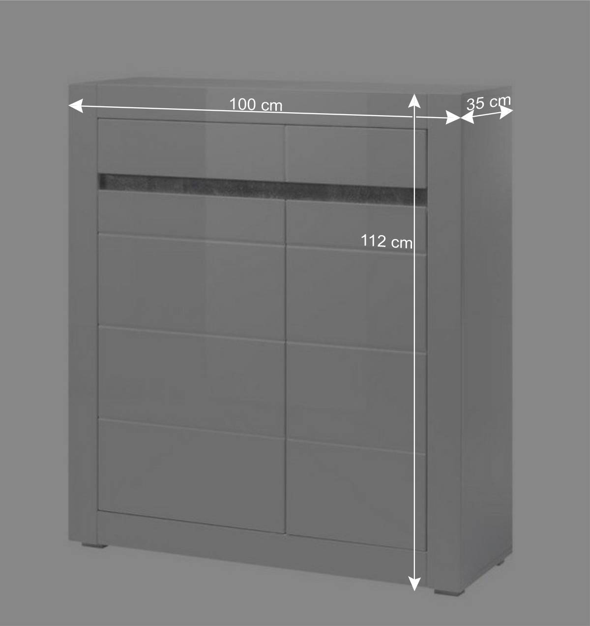 Hochglanz Highboard in Weiß Mextra mit Absetzung in Beton Optik