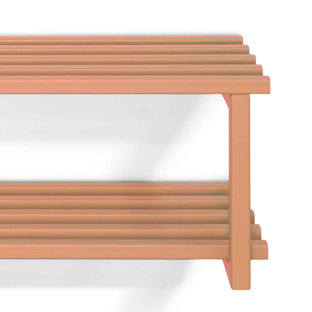 Terracotta Schuhregal Seitenansicht mit horizontalen Lattenrost-Ablagen – Elenoires