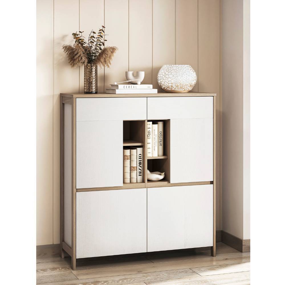 Modernes weißes Highboard mit Holzrahmen und offenen Fächern für Wohnzimmer – Ovidio