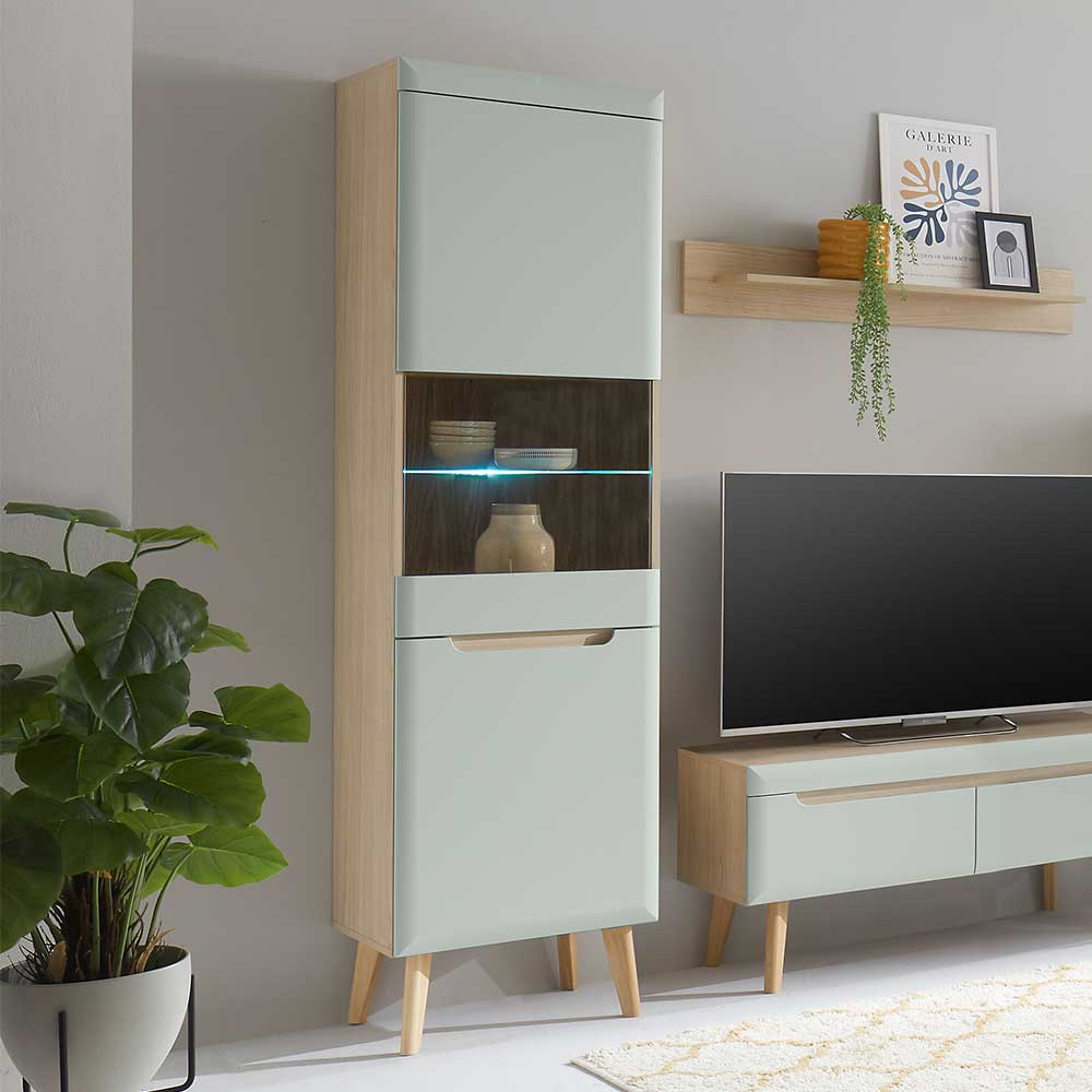 Vitrinenschrank in Mintgrün und Eiche - Armina