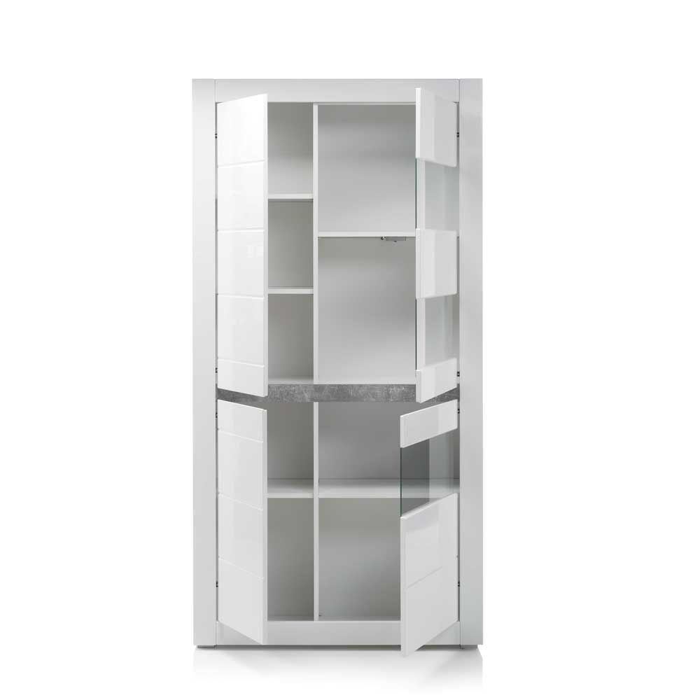 TV Wand in Weiß Hochglanz Mextra mit Dekor Beton Optik (vierteilig)