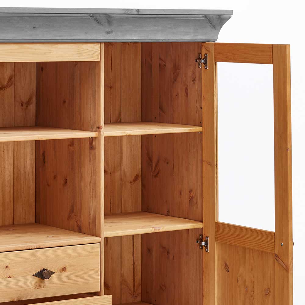 Landhaus Highboard mit Glas aus Kiefer - Eshelas