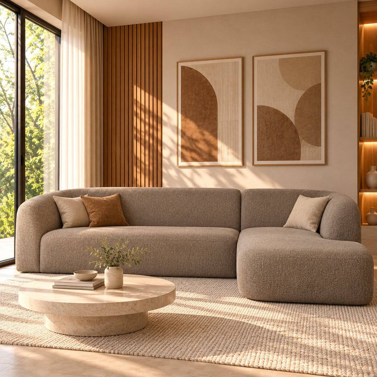 Ecksofa in Hellbraun Chenille Bezug - Acira